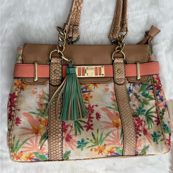 Floral Lined Tan Leather Handbag - Picture 6 of 9